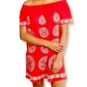 𝅺Skies Are Blue Women’s Red Coral Cotton Embroidered Mini Dress Size L